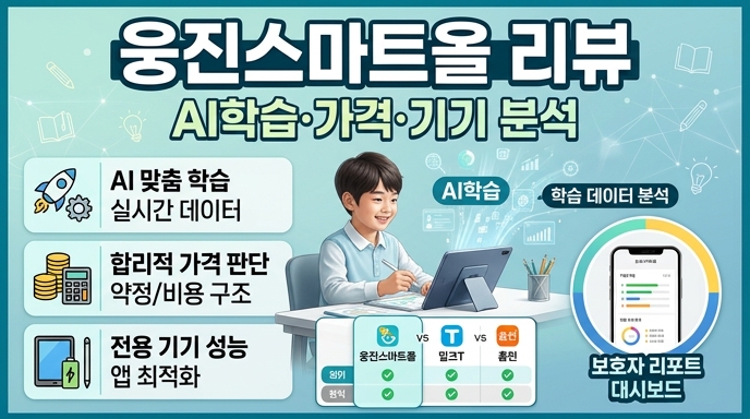 웅진스마트올 초등 학습 서비스 리뷰 썸네일 이미지. AI학습 특징, 가격 조건, 전용 기기 성능 및 타사 서비스와 비교를 직관적으로 분석하는 인포그래픽 디자인.