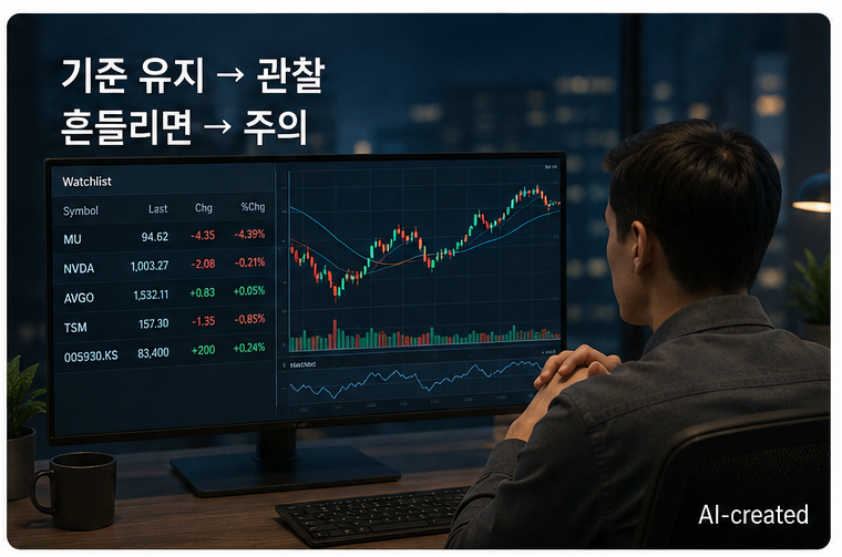 마이크론 테크놀로지 주가 하락 이후 실제 거래량과 AI 반도체 흐름을 관찰하는 판단 이미지