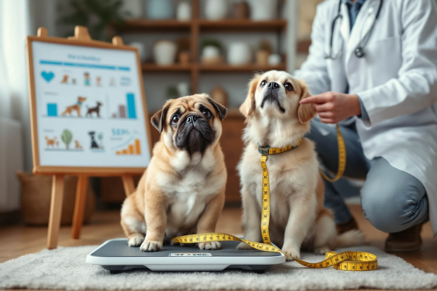 A cute, chubby dog sitting on a weight scale, looking curious.