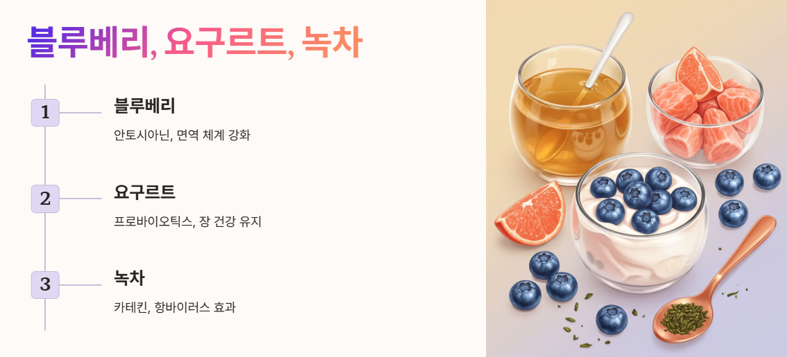 노로바이러스 예방에 좋은 블루베리, 요구르트, 녹차 설명