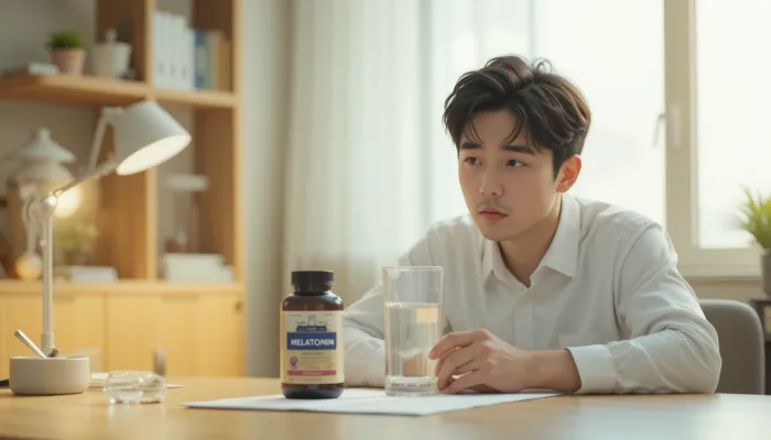 책상에서 멜라토닌 영양제를 준비하는 남성