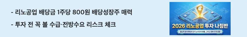 리노공업 주가 전망: '리노공업 배당금 1주당 800원 배당성장주 매력'이라는 문구가 포함된 웹배너 이미지. 이 이미지는 2025년 결산배당 800원과 탄탄한 재무 구조, 블록딜 수급과 전방 수요 등 투자 전 점검 리스크를 시각적으로 전달하며, 블로그의 리노공업 주가 전망과 관련된 내용을 설명함