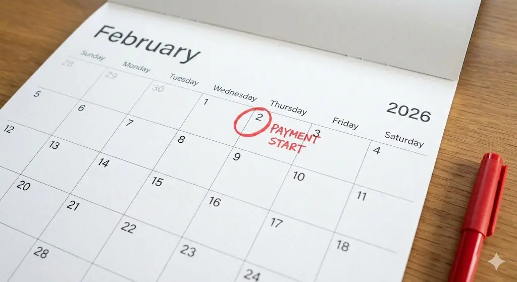 달력의 2월 2일에 빨간 동그라미가 쳐져 있고 '지급 시작'이라고 적힌 이미지
