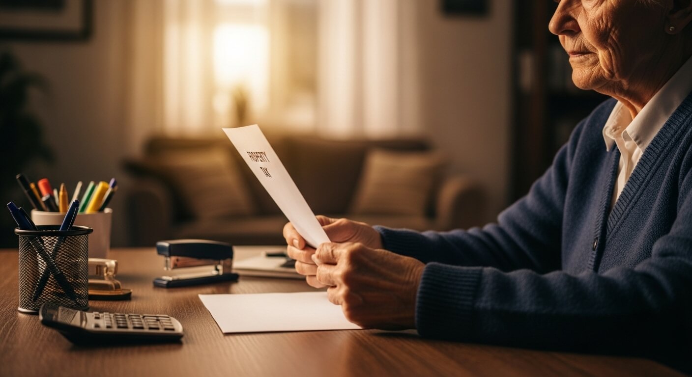 따뜻한 조명 속 책상에서 재산세 고지서를 들고 있는 노년층 인물