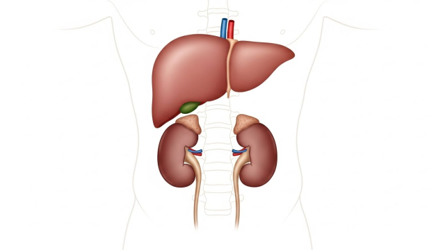 간과 신장의 위치를 표시한 상반신 장기 일러스트