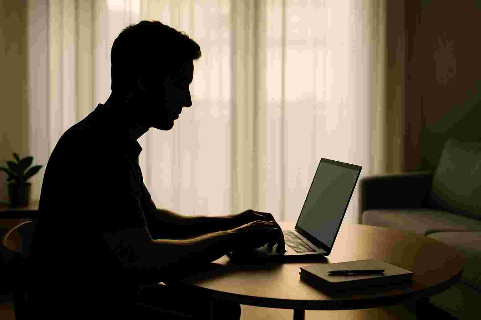 거실에서 노트북으로 작업 중인 남성의 실루엣, 프리랜서 활동을 상징