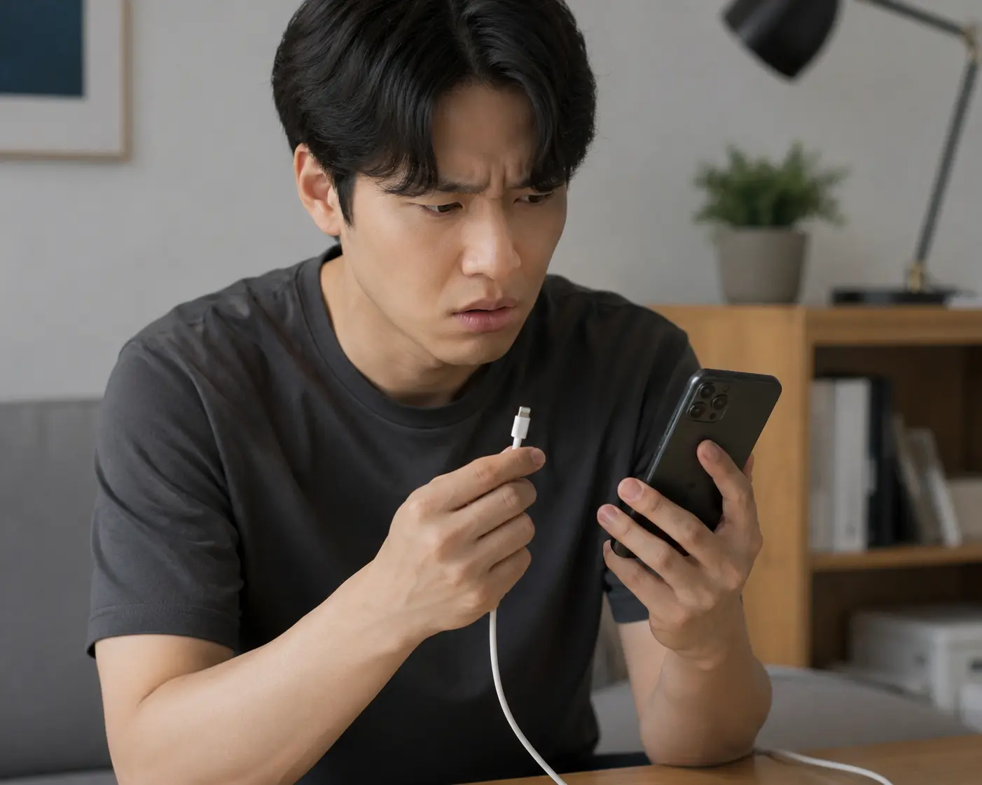 핸드폰 충전이 안 돼서 당황한 모습