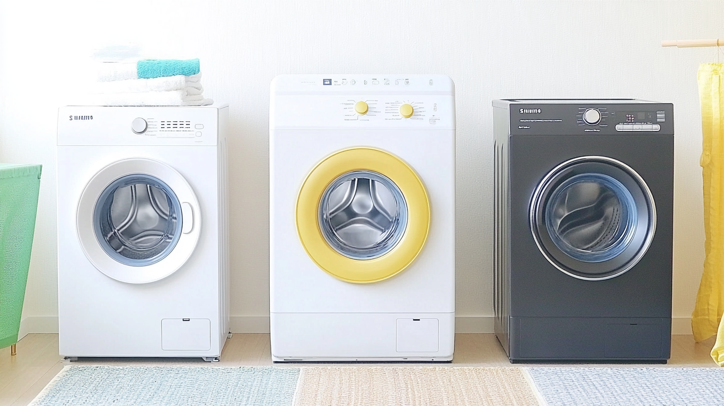 삼성, LG, 히타치 세탁기의 사용자 인터페이스와 에너지 효율성을 비교한 이미지로, 각 브랜드의 기술적 차별점을 보여주는 장면.