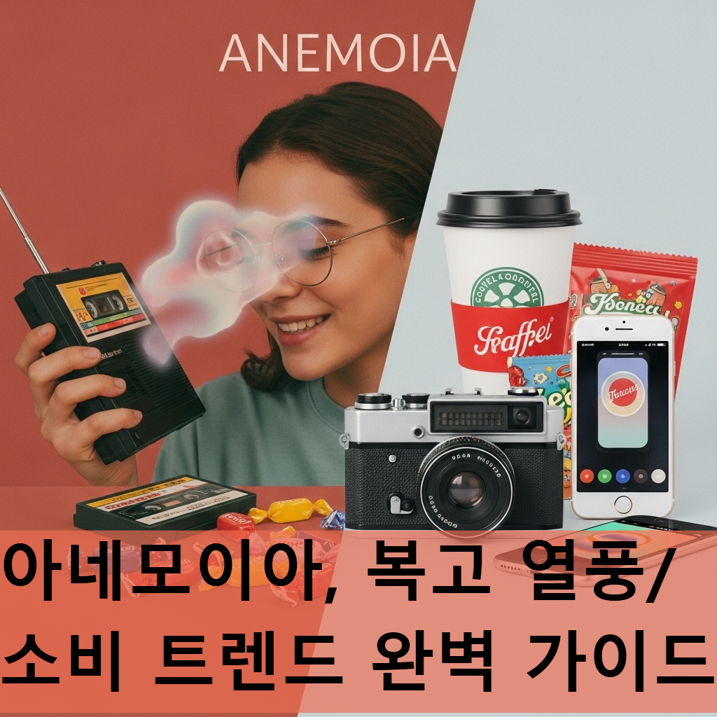 MZ세대가 빈티지 아이템을 보며 미소 짓고 현대 제품과 복고 포장이 어우러진, 경험하지 못한 과거에 대한 향수를 표현하는 아네모이아와 복고 소비 트렌드를 시각적으로 구현한 이미지.