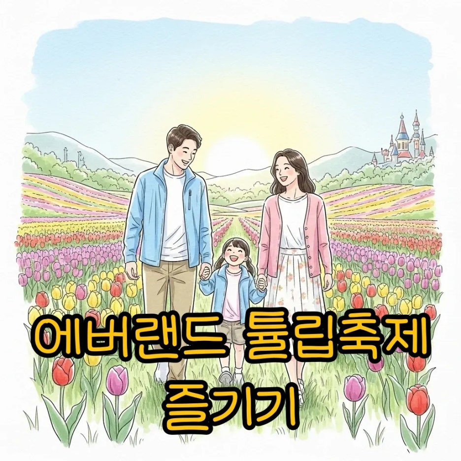 화려한 튤립밭을 거니는 행복한 가족의 모습