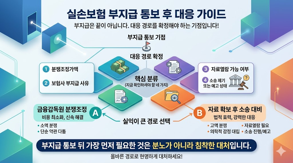실손보험 부지급 통보 후 대응 흐름 분쟁조정과 소송 선택 경로 핵심 구조 인포그래픽