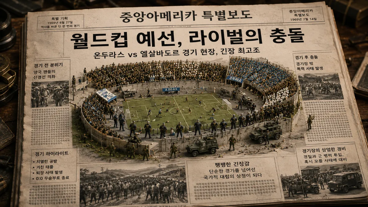 온두라스와 엘살바도르의 월드컵 예선 경기장 모습과 축구전쟁 직전의 긴장감을 표현한 디오라마 이미지