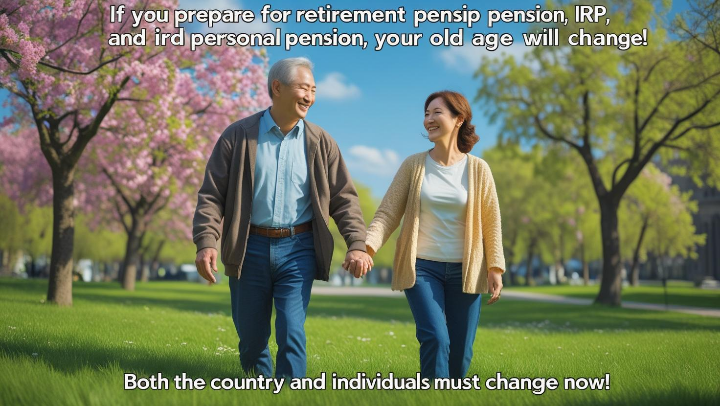 퇴직연금과 개인 노후 준비의 중요성을 강조하는 이미지. 준비하는 중년 부부와 함께 긍정적인 메시지가 담김
