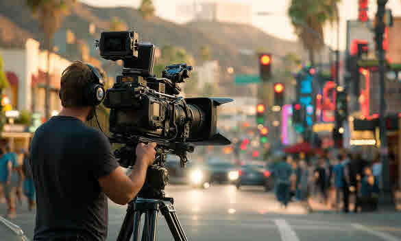 거리에서 영화촬영하는 감독과 카메라 이미지