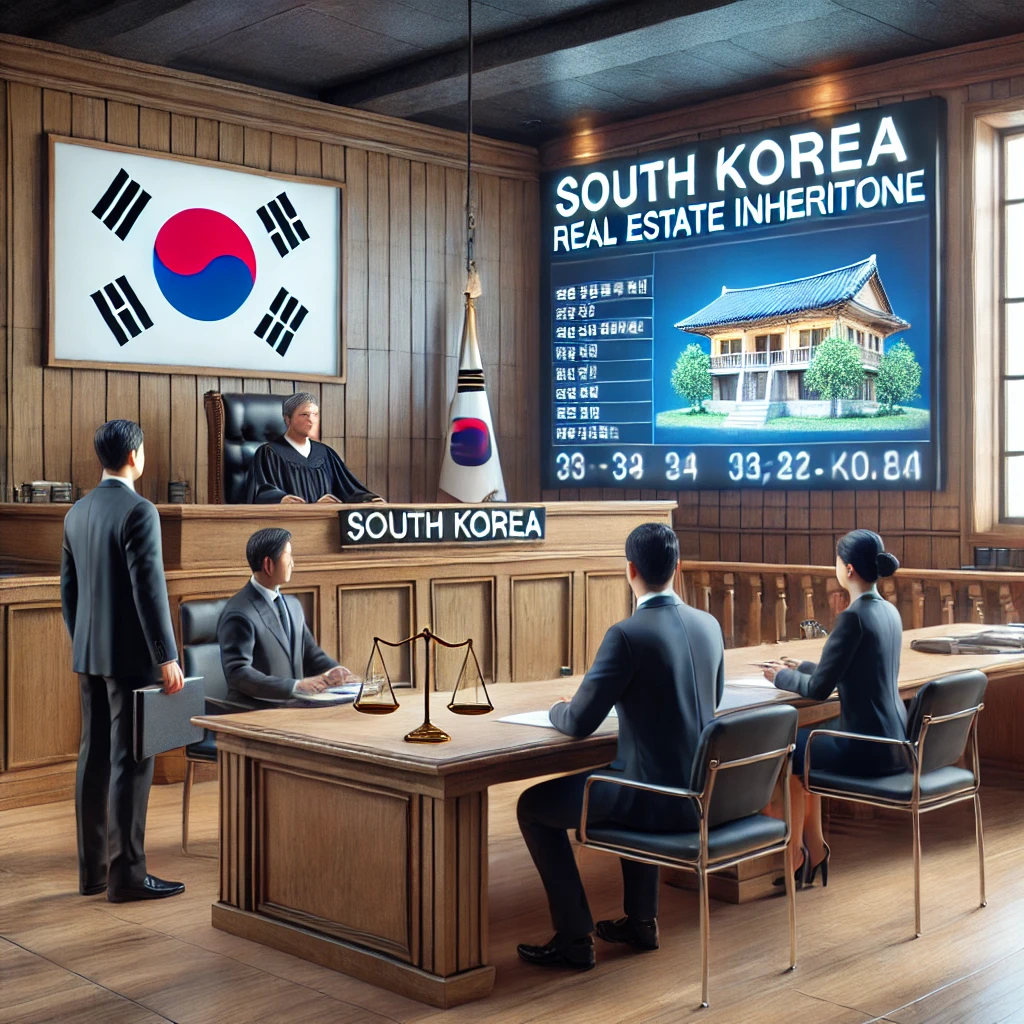 &quot;대한민국 법정에서 부동산 상속을 둘러싼 유류분 청구소송이 진행 중인 모습. 판사가 재판을 주재하고 있으며, 남녀 변호인이 각각의 주장을 펼치고 있다. 법정 내부에는 부동산 서류가 화면에 표시되어 있고, 한국 국기와 한글 간판이 보이는 전문적인 분위기의 법정.&quot;