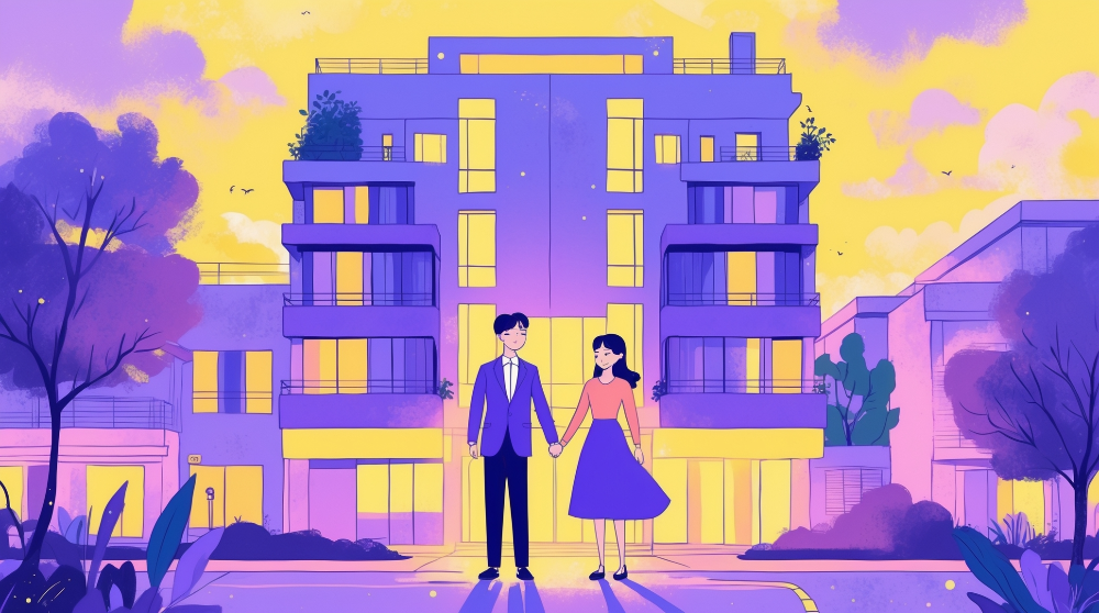 보라색과 노란색 조명의 아파트 앞에서 손을 잡고 행복하게 서 있는 신혼부부의 모습, 신혼부부 임차보증금 지원을 통해 얻는 주거 안정과 행복을 상징