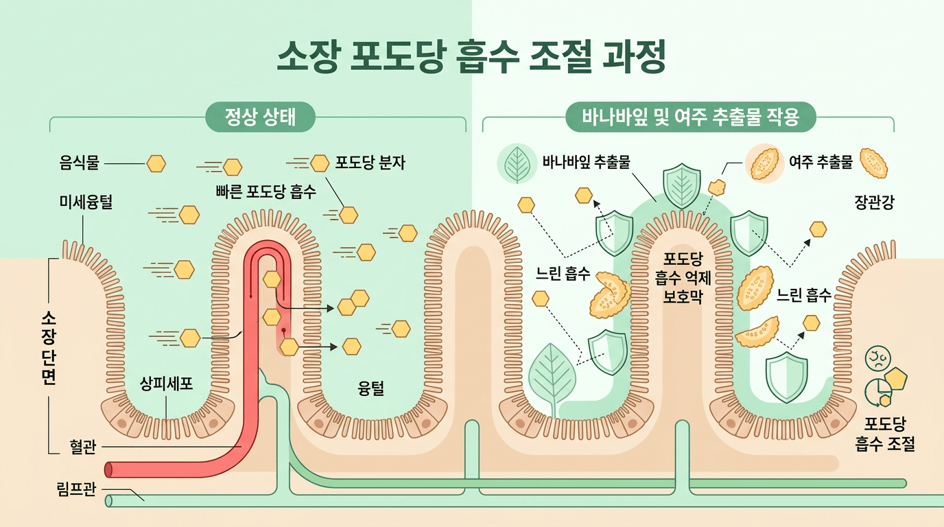 바나바잎과 여주의 포도당 흡수 지연 작용 일러스트
