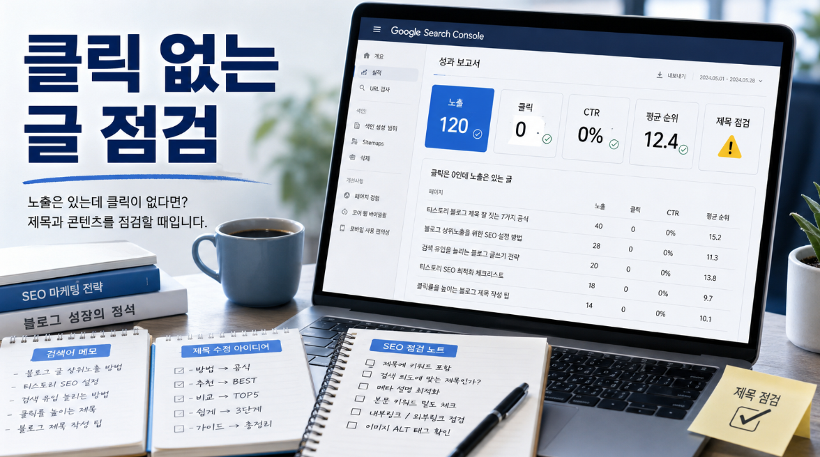 티스토리 블로거가 구글 서치 콘솔에서 노출은 있지만 클릭이 없는 글의 CTR과 평균 순위를 점검하는 이미지