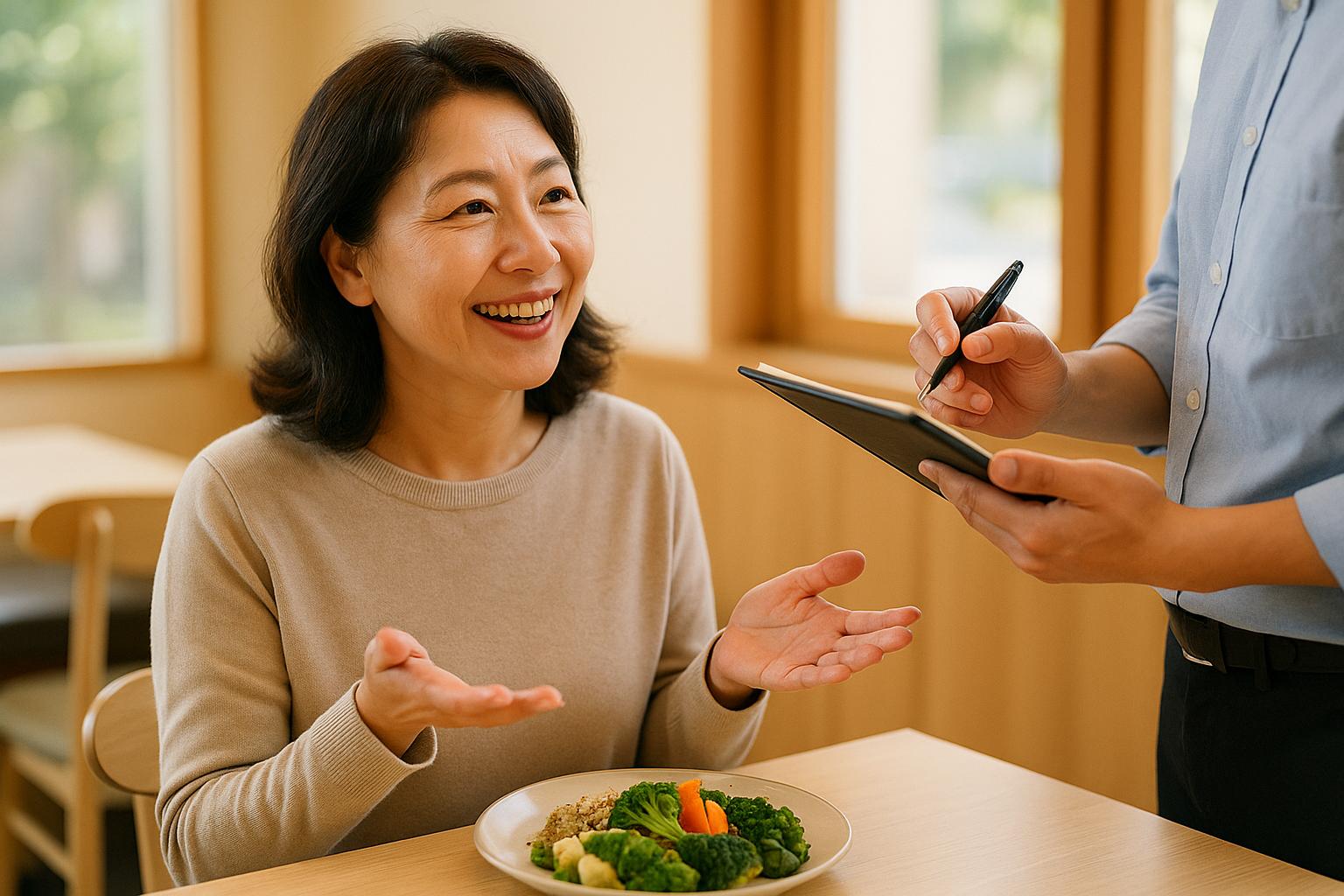 밝은 식당에서 건강식 메뉴를 주문하는 중년 여성의 모습