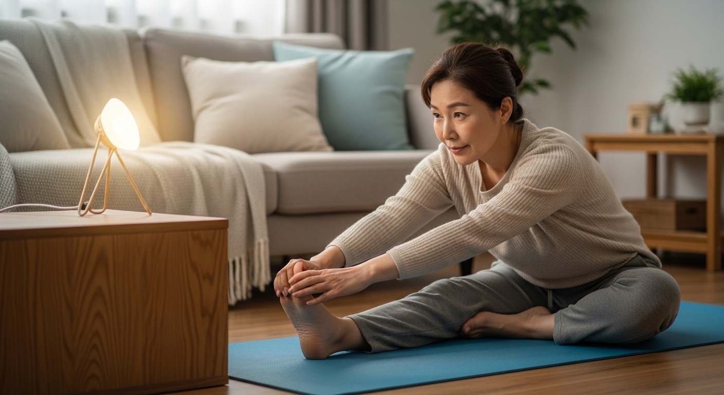 취침 전 거실 매트에서 스트레칭하는 50대 한국인 여성