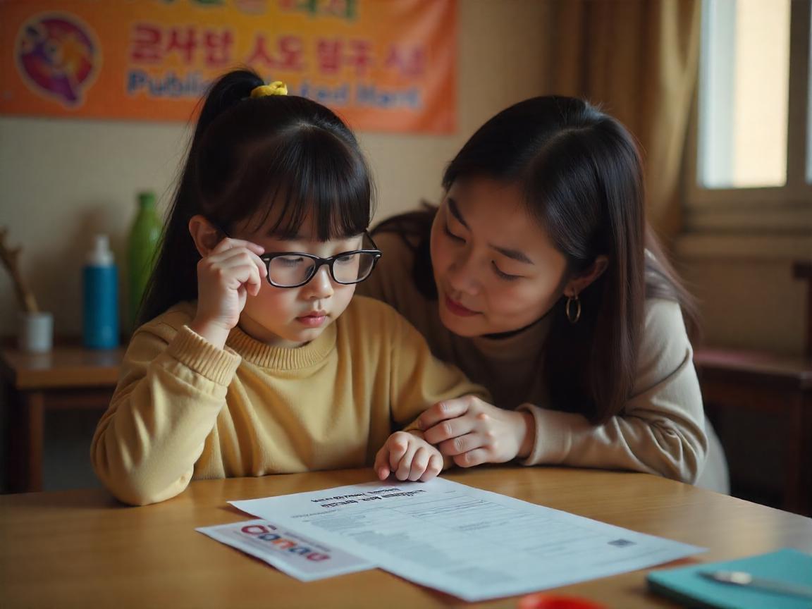 엄마와 안경을 쓰고 있는 어린딸이 어린이 안경 20% 할인쿠폰 신청하는 모습