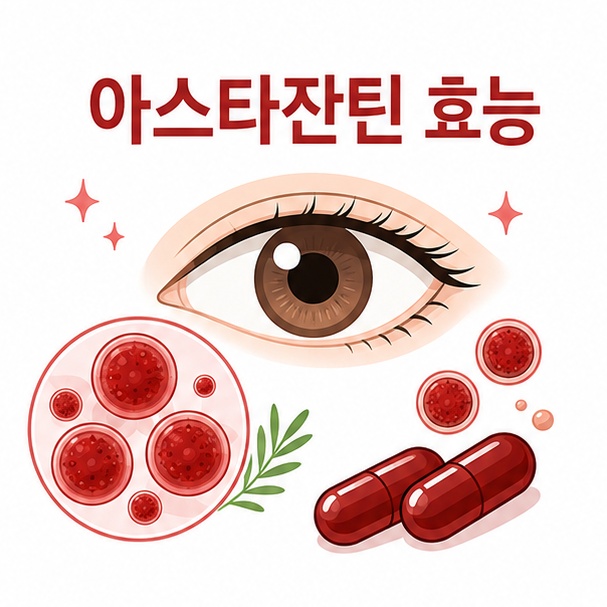 눈과 붉은색 헤마토코쿠스 미세조류, 캡슐을 함께 배치해 아스타잔틴 효능을 표현한 이미지