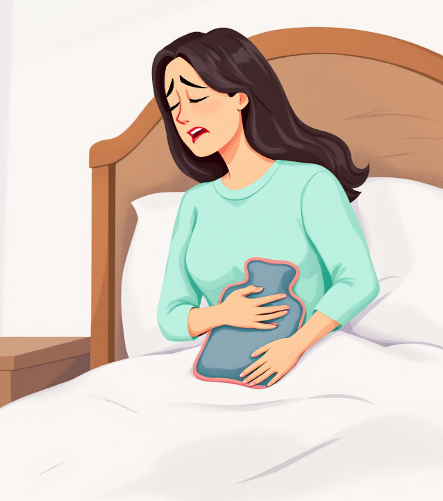 생리통이 심해서 온 찜질하는 여성의 그림