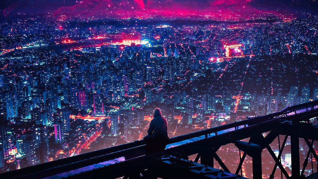 도시의 높은곳에서 고뇌에 빠진 히어로를 상징하는 이미지