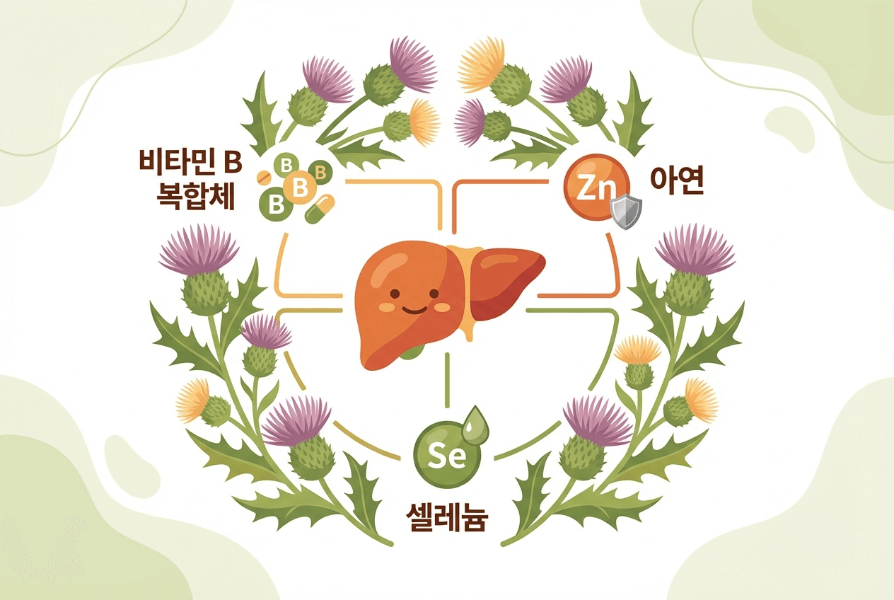 밀크씨슬 꽃들로 둘러싸인 귀여운 간 일러스트와 함께 비타민 B 복합체, 아연(Zn), 셀레늄(Se) 아이콘이 배치되어 간 건강·에너지·항산화 밸런스를 강조한 인포그래픽 이미지