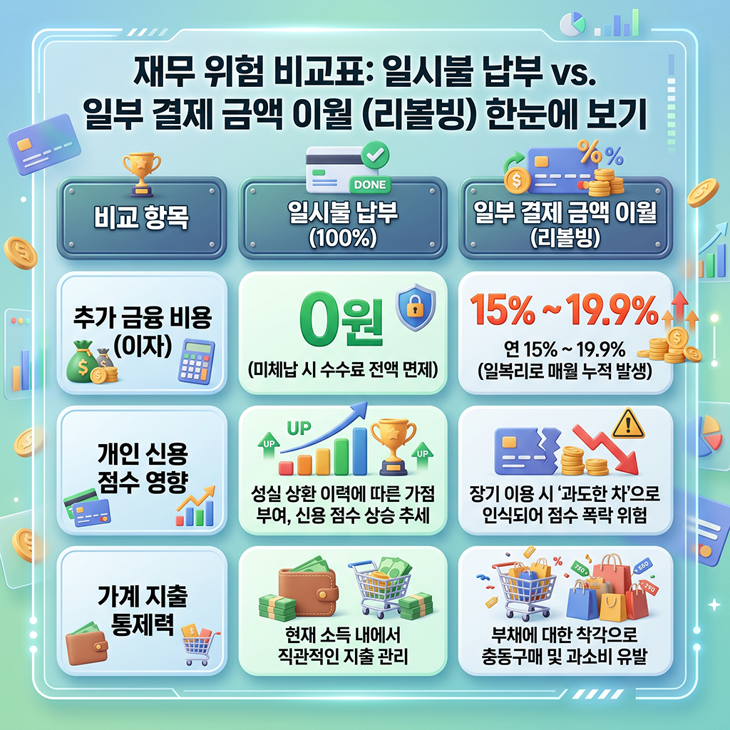 한눈에 보는 일시불 결제 vs 리볼빙(이월) 금융 리스크 비교표