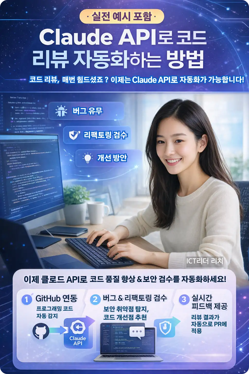 Claude API를 활용해 코드 리뷰를 자동화하는 방법을 설명하는 고퀄리티 인포그래픽 이미지. 밝은 조명 아래 20대 여성이 컴퓨터 앞에서 집중하며 코드를 분석하는 모습.