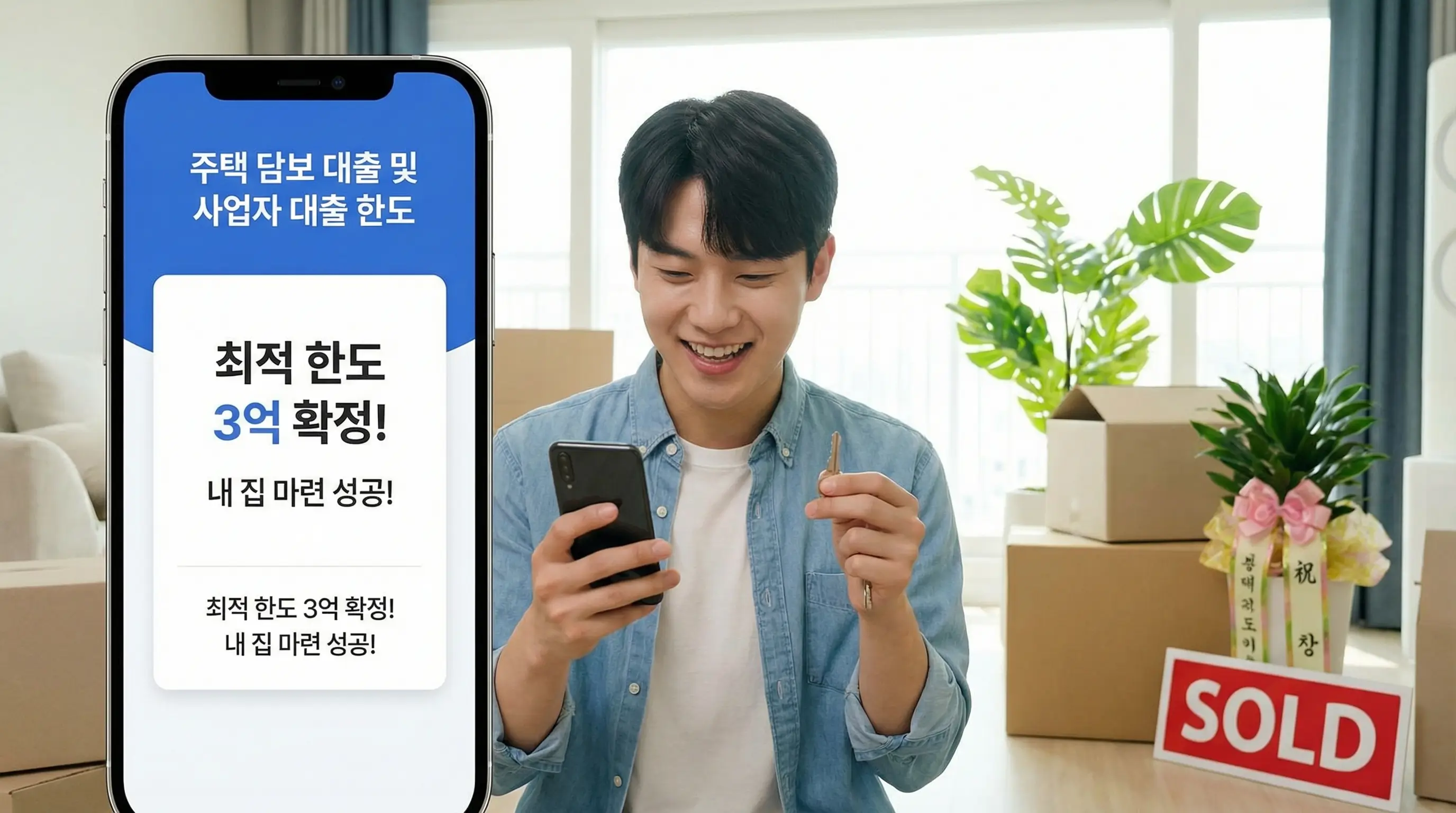 스마트폰으로 다양한 주택 담보 대출 및 사업자 대출 한도를 꼼꼼히 비교하여 내 집 마련에 성공하는 청년의 모습