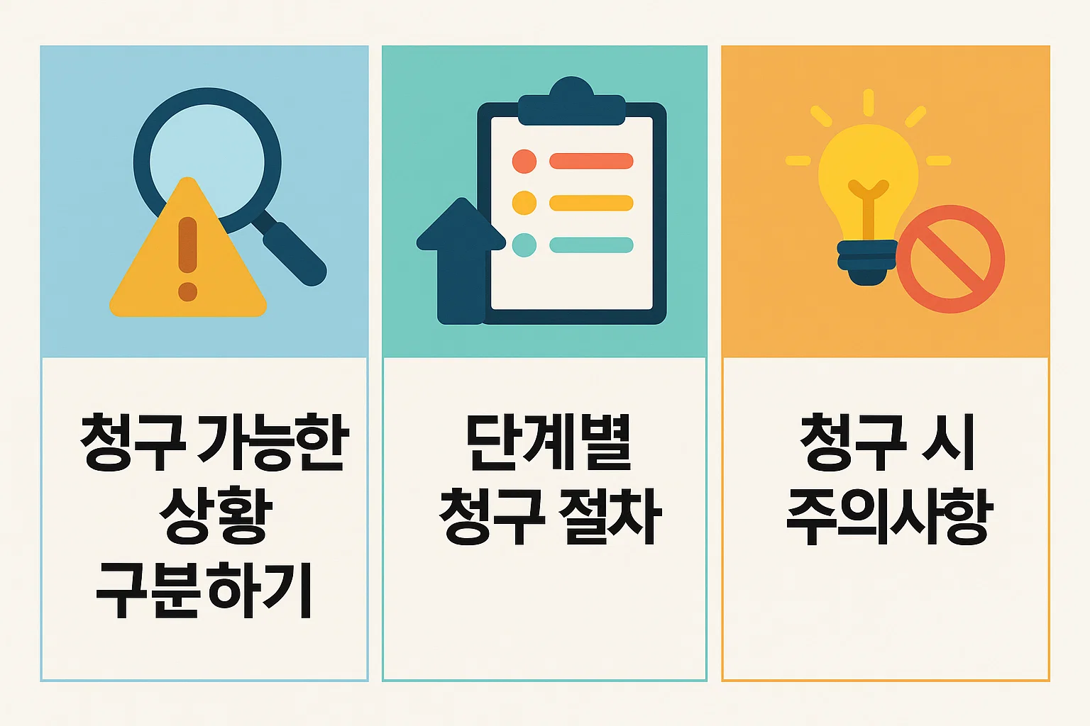 건강검진 실비보험 청구 절차를 단계별로 안내한 인포그래픽. 청구 가능한 상황 구분, 절차별 필요서류, 주의사항 등을 시각적으로 정리해 보험금 청구 과정을 쉽게 이해할 수 있도록 구성한 이미지.