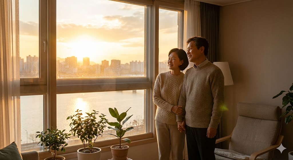 안과에서 정기 검진을 받으며 안심하는 미소를 짓는 중장년층 부부와 따뜻한 햇살이 비치는 거실 풍경