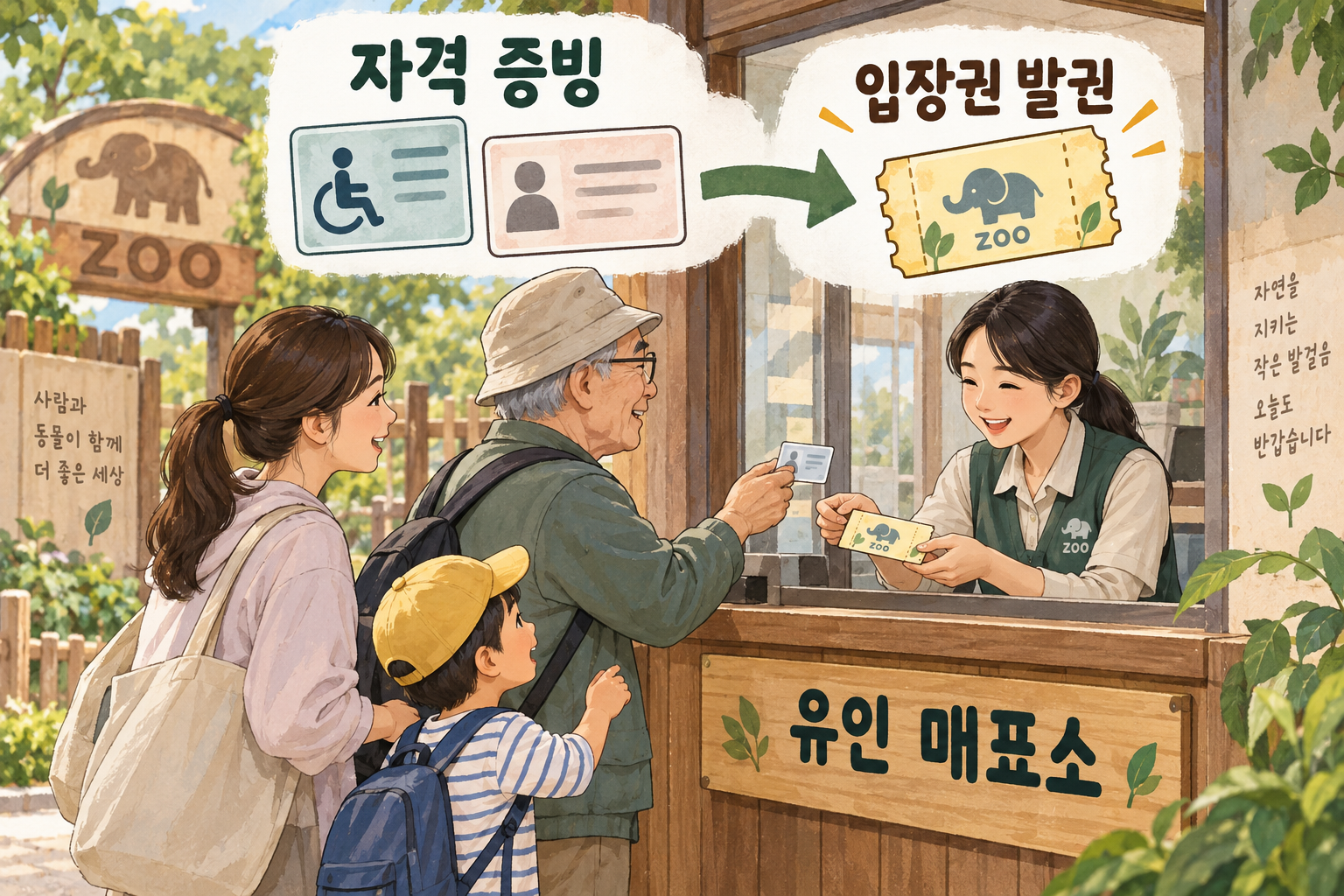 자격 증빙을 준비해 유인 매표소에서 입장권을 받는 과정