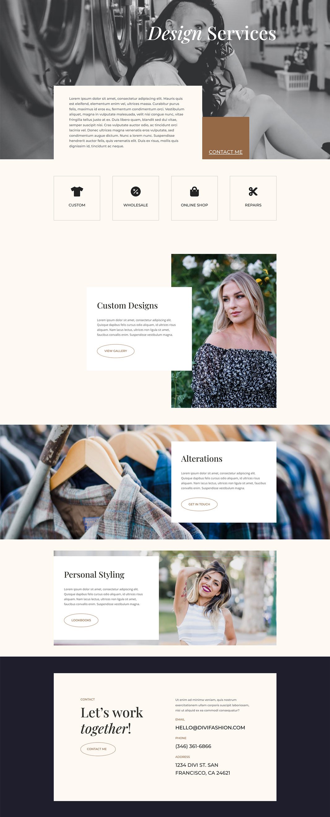 워드프레스 Divi 테마용 패션 디자이너 레이아웃 팩(Fashion Designer Layout Pack) - 서비스 페이지 디자인
