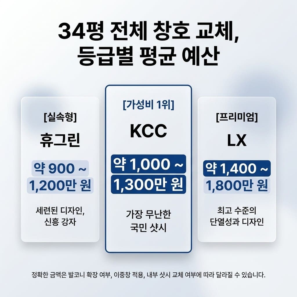 34평 전체 창호 교체, 등급별 평균 예산. 실속형 브랜드 휴그린 약 900~1,200만 원, 가성비 1위 KCC 약 1,000~1,300만 원, 프리미엄 LX 약 1,400~1,800만 원 비교 안내. (정확한 금액은 발코니 확장 여부, 이중창 적용 등에 따라 달라질 수 있음)