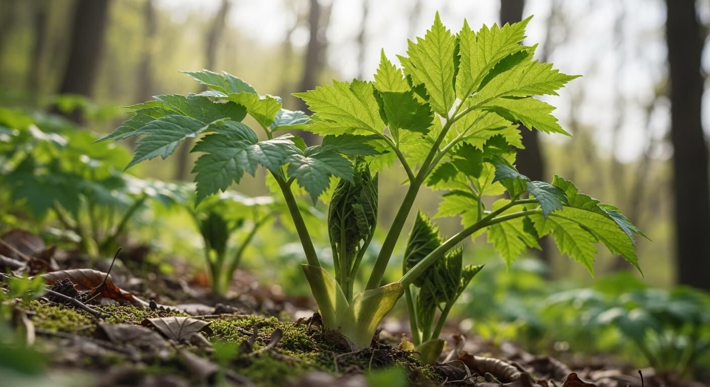 봄철 산에서 자라는 어수리나물 어린 새순