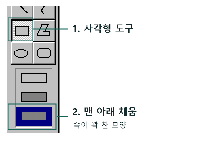 JS Paint 실제 도구 모음에서 사각형 도구와 맨 아래 채움 옵션을 표시한 확대 화면.