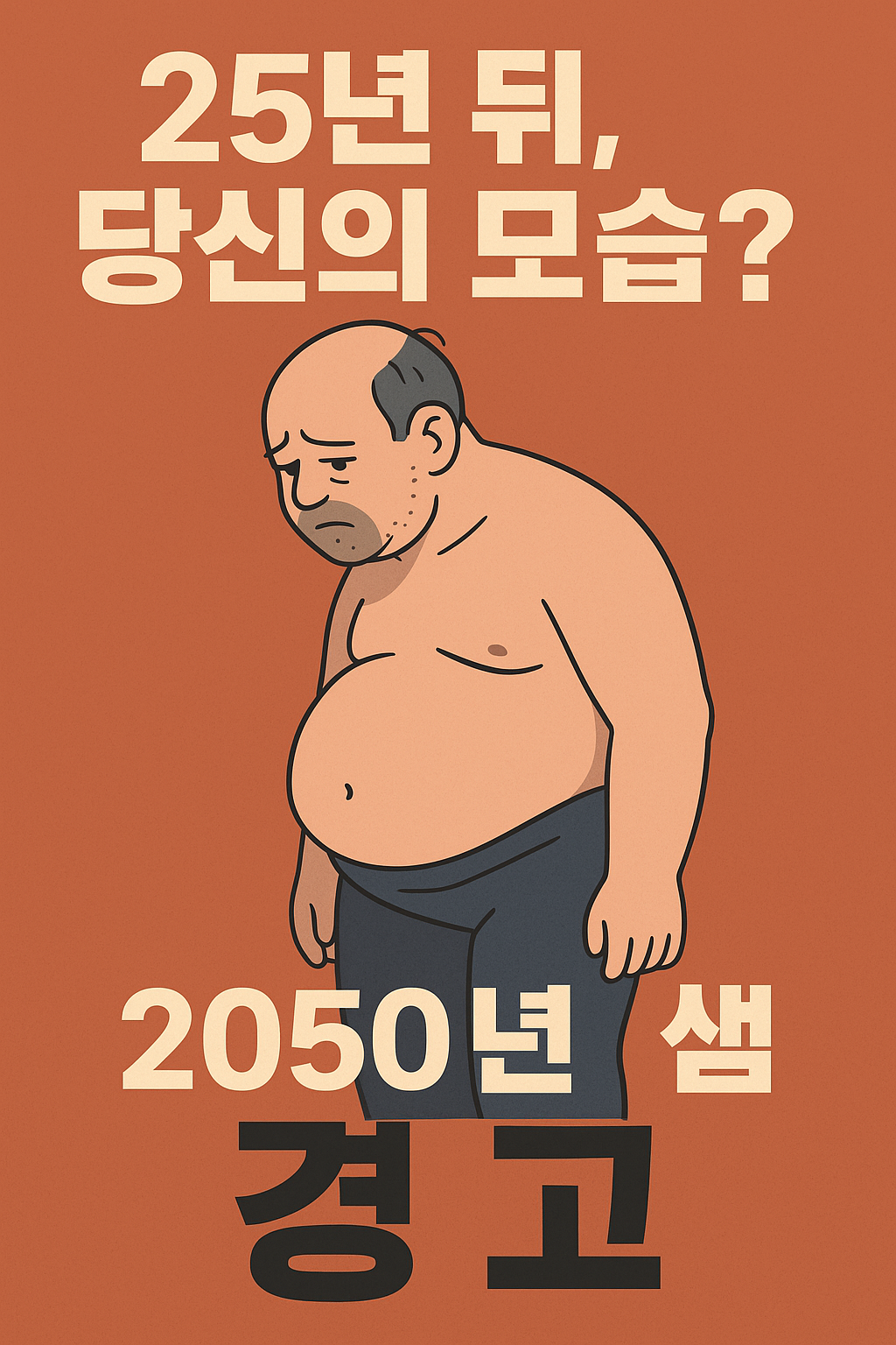 25년 뒤 인류 신체 변화를 경고하는 AI 예측 이미지 – 복부 비만 남성과 경고 문구 일러스트