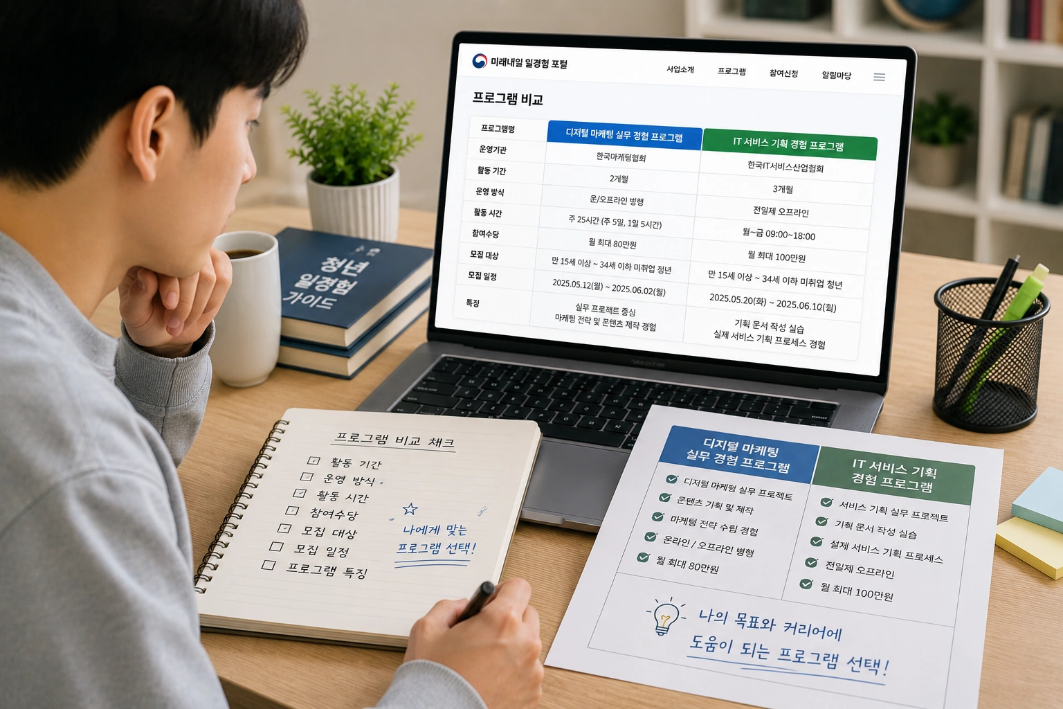 청년이 미래내일 일경험 포털에서 운영기관과 프로그램 정보를 비교하며 자신에게 맞는 과정을 선택하는 모습