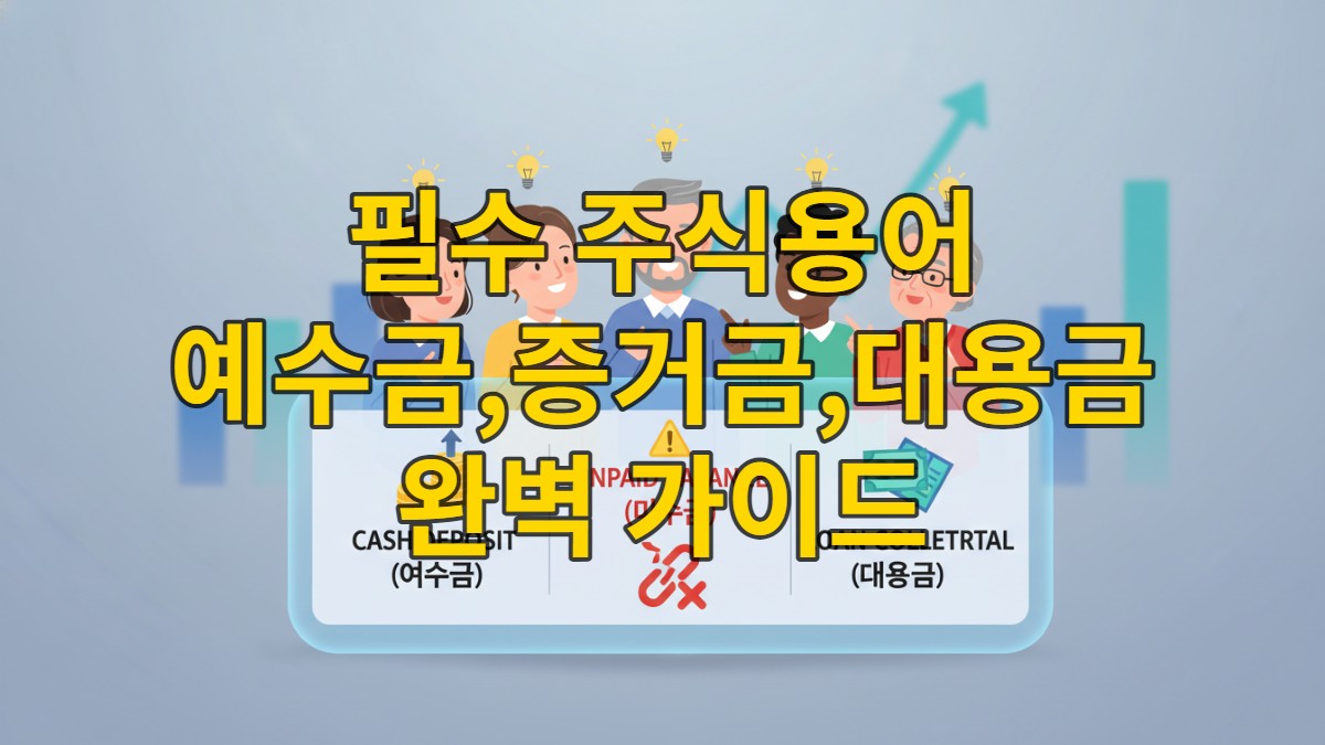 주식 초보 투자자를 위한 증거금, 예수금, 미수금, 대용금 개념을 쉽게 설명하는 시각 자료.