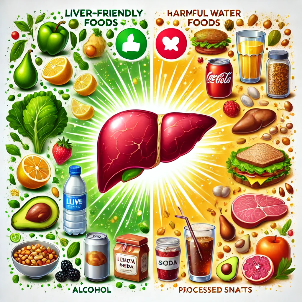 간 해독에 좋은 음식 vs 피해야 할 식품을 표현한 이미지