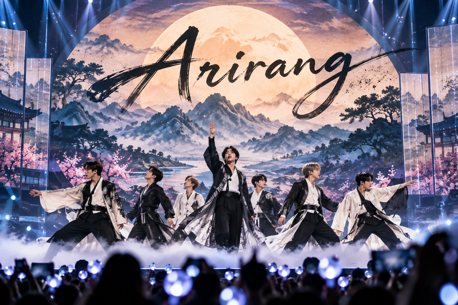 BTS의 공연 무대와 한국적인 산수 풍경을 배경으로 ‘Arirang’을 표현한 이미지