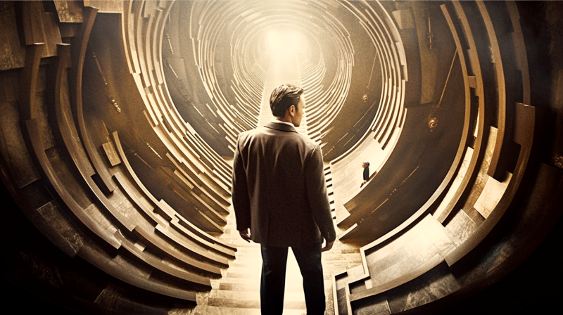 주인공이 비현실적인 꿈의 세계를 보고 있다