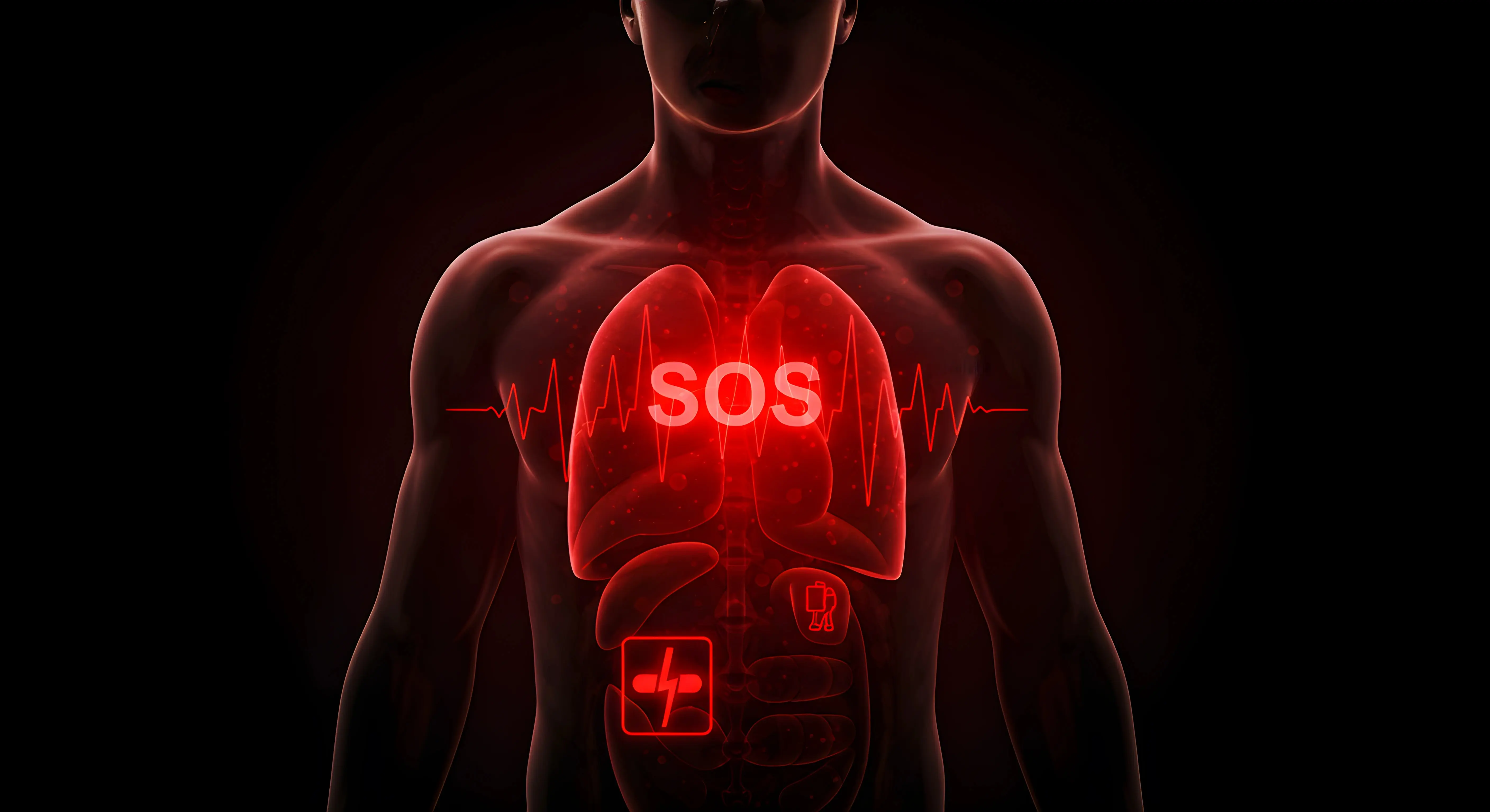 인체 상반신 실루엣 위에 'SOS'라는 글자와 심장 박동 그래프가 겹쳐져, 몸이 보내는 신호에 귀 기울여야 함을 암시하는 이미지