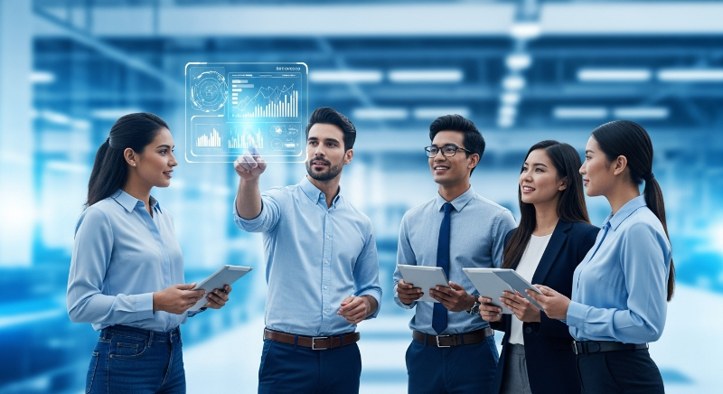 스마트한 물류 허브에서 유통관리 전문가들이 데이터를 분석하며 협업하는 모습. 미래지향적인 유통 산업의 비전을 담고 있습니다.