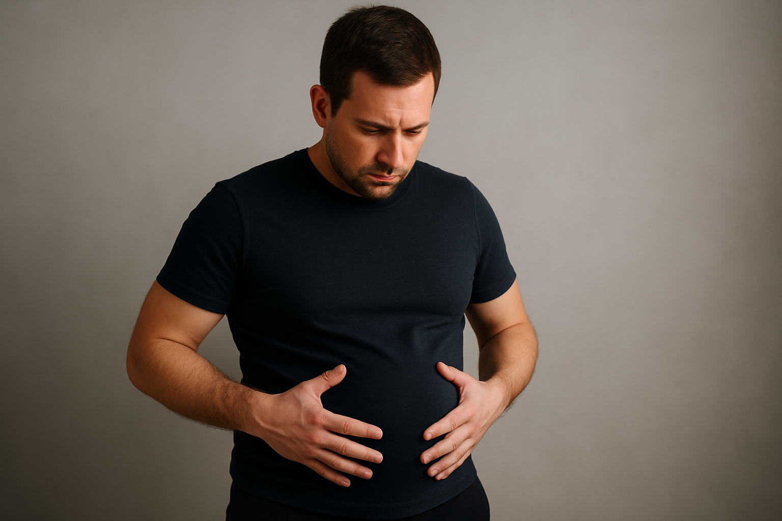 갱년기 전후의 복부비만을 겪는 중년 남성의 모습