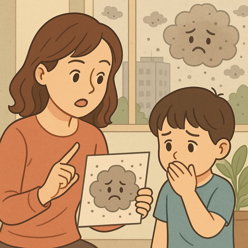 엄마가 아들에게 초미세먼지의 위험성을 설명하는 모습