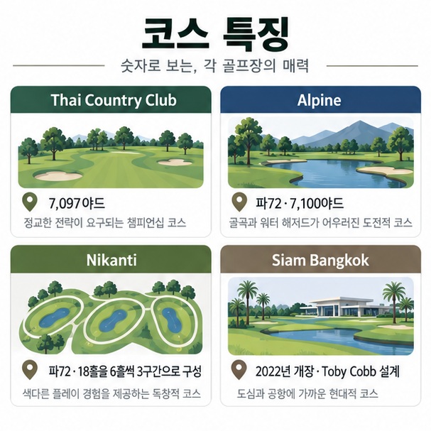 정통 챔피언십 난도 높은 코스 6-6-6 구조 도심 공항 접근성으로 네 골프장의 차이를 보여주는 이미지